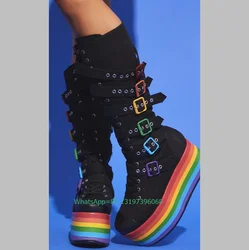 Lady Platform Colorful Design Buckle Strap Boots Side Zip Rainbow Platform Footwear Punk Y2K Style Boots Size 33-46 Mary Janes