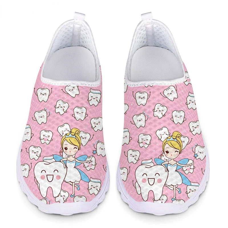 Women Mesh Slip on Shoes Breathable Sport Sneaker for Ladies Dental Tooth Print Cute Girl Walking Shoes