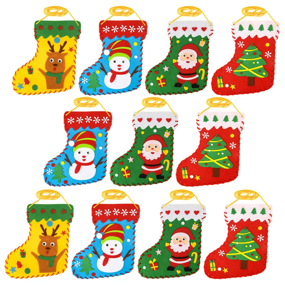 12Pcs Christmas Felt Stocking DIY Sewing Kit Set Hand Eye Coordination Beginner Starter Educational Gift