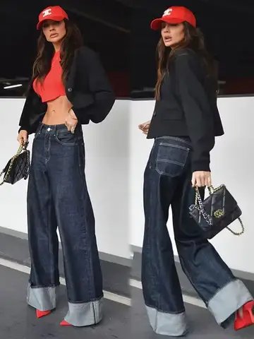 HH Women Fashion Navy Wide Leg Jeans Casual High Waist Zipper Fly Denim Pants Autumn Y2K High Street Straight Trousers Jeans