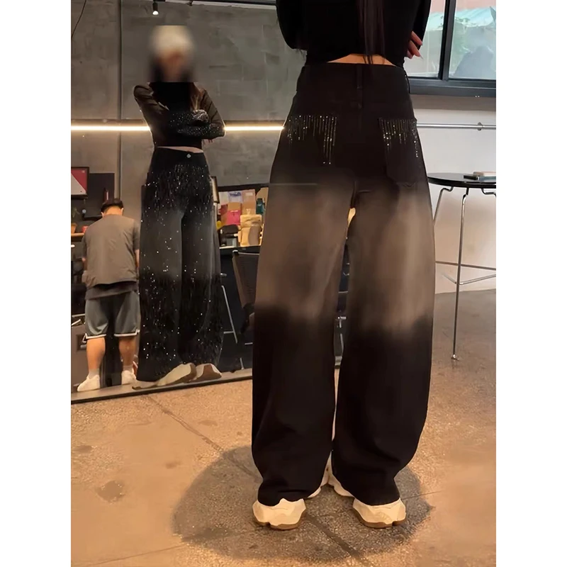ZHIZOU Women Baggy Black Jean Grunge American Retro Harajuku High Street 2000s Wide Fit Jeans Y2k Japanese Denim Pants Hip-pop