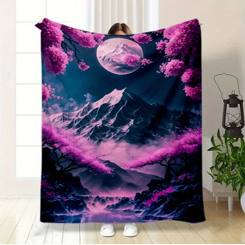 Multifunctional Mount Fuji Blanket - Lightweight Flannel All-Season Sofa Bed Throw with Cherry Blossom & Mountain Night Sky