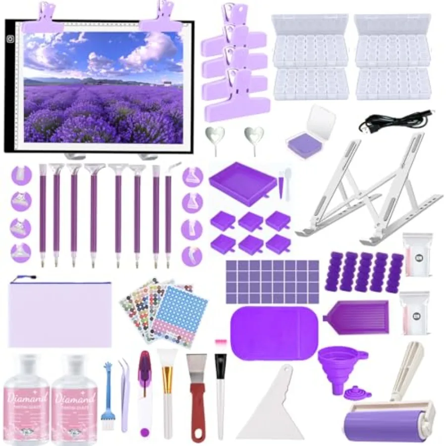 244Pcs All Inclusive Diamond Art Accessories Kit Diamond Painting LED Light Pad Set with Diamond Art Sealer Glue Stand Storage