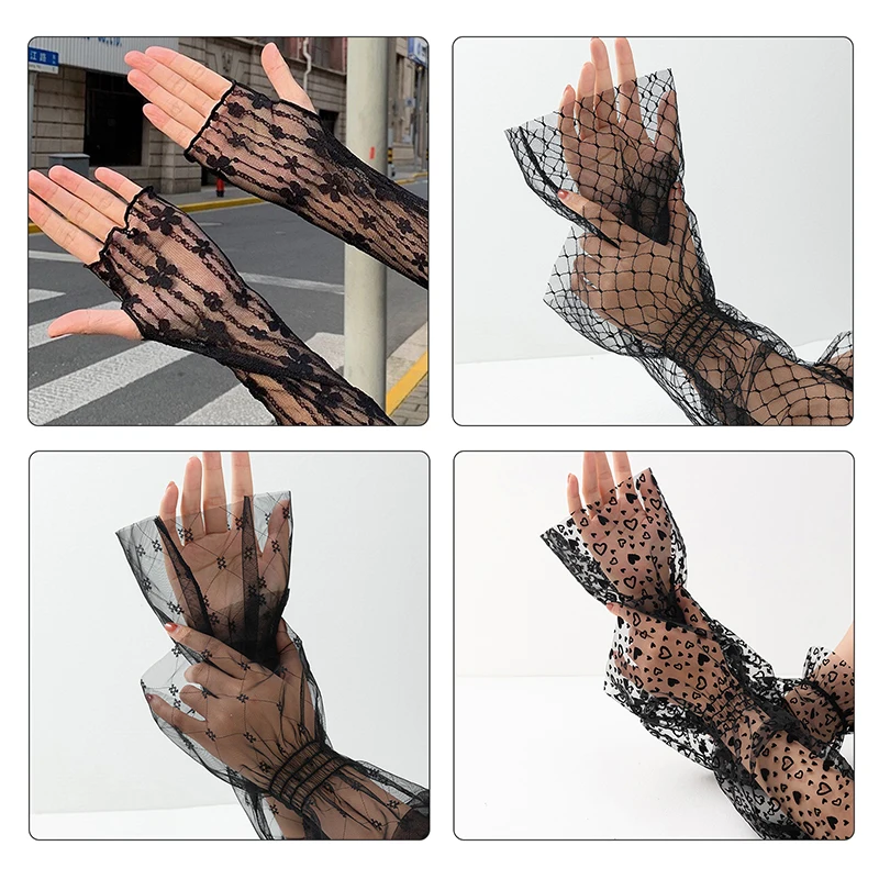 Lange Spitzen handschuhe aushöhlen finger lose Handschuhe Frauen Sonnenschutz ärmel Mesh Spitze dünne Hand Turn handschuhe Sonnenschutz zubehör