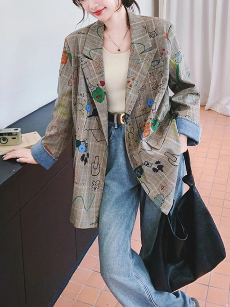 Onecozyday 2025 Primavera e autunno Giacca casual ampia da donna nuova Giacca di media lunghezza Cappotto con stampa graffiti Abbigliamento quotidiano Capispalla