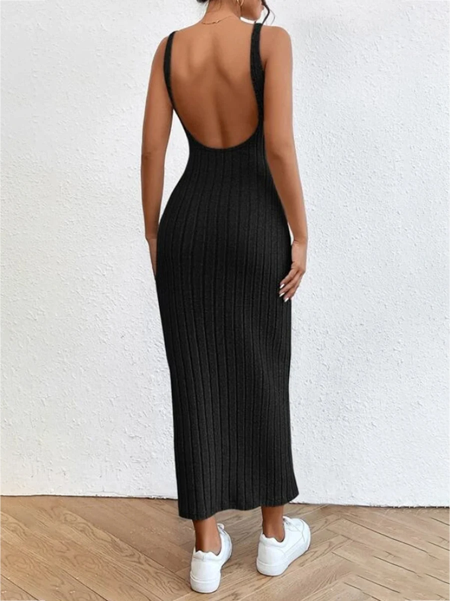 FOMOYUU Ribbed Knit Long Bodycon Sling Dress Sleeveless High-Neck Maxi Dress Party Side Slit Long Dress for Wome