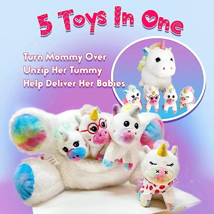 Set of 5 Unicorn Plush Toys, Rainbow Unicorn Mother and Baby Set, Soft and Delicate, PP Filled