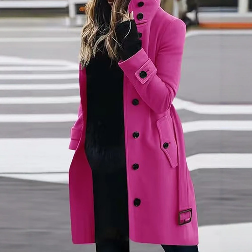 Women's Coats Winter 2025 Edgy Chic Solid Color High Neck Long Sleeve Longline Button Front Trench Coat