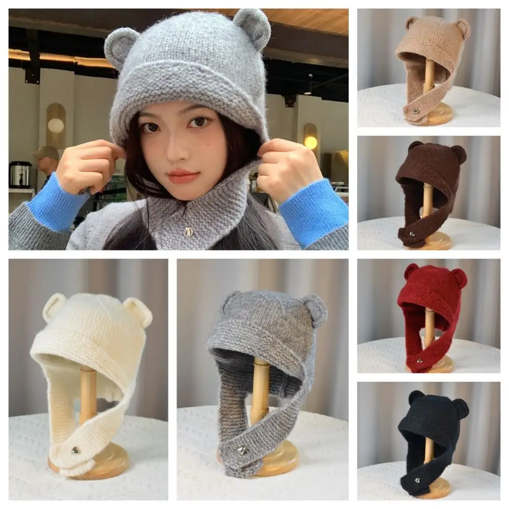 Cute Windproof Knitted Balaclava Hat Neck Cold Proof Solid Color Women Scarf Winter Hat Earmuff Bear Ear Warm Knit Cap Women