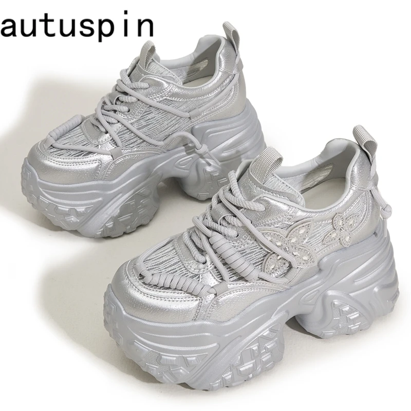 

AUTUSPIN 9cm Chunky Heels Women Shoes Summer Spring Fashion Synthetic Leather Mesh Shoes High Platform Vulcanized Sneakers Woman