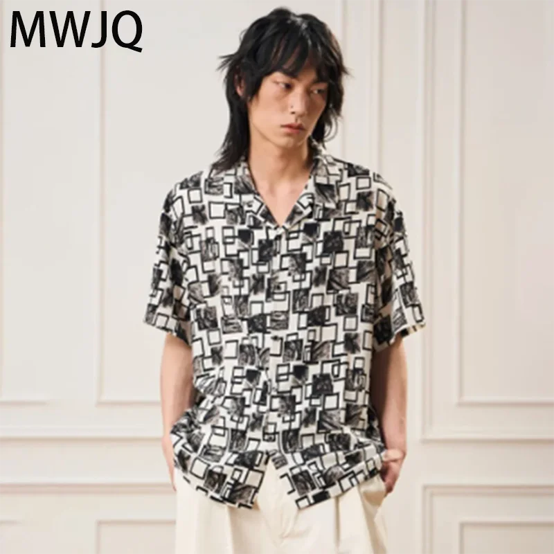 

MWJQ Geometric Accumulation Printed Shirts Niche Design Men High Street Short Sleeve Clothing Lapel Trend Summer Tops 010423