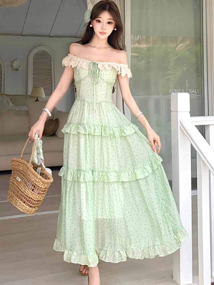 

2026 Green Polka Dot Chic Ruffled Casual Long Dress Summer Elegant Bow Lace Sling Dress Women Korean Fashion Bodycon Party Dress