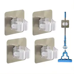 4- Pack Mop and Broom Holder Wall Mount, Broom Gripper Holds Self Adhesive No Drilling Dustpan Hanger for For Home Storage