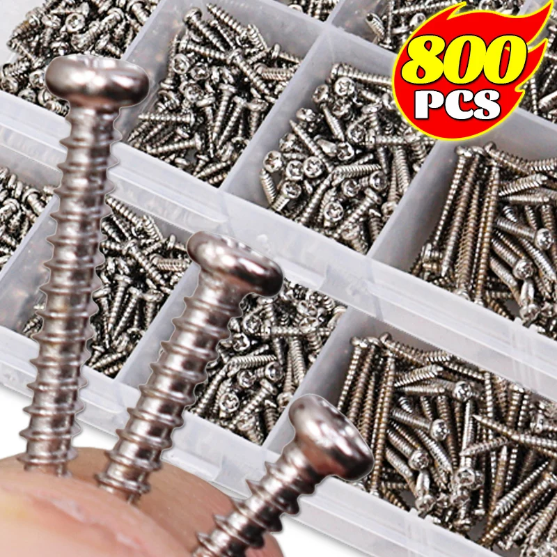 800PCS/Box Self Tapping Screw Kit M2 Carbon Steel Cross Drive Flat Head Self Drilling Screw DIY Industrial Screw Thread Fastener