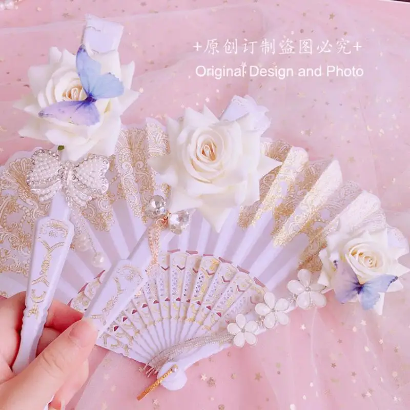 Hand  Made Lolita Fan Luxury Hand Made Gothic Anime Cosplay Crafts Folding Fan. Quadratic Element Accessories