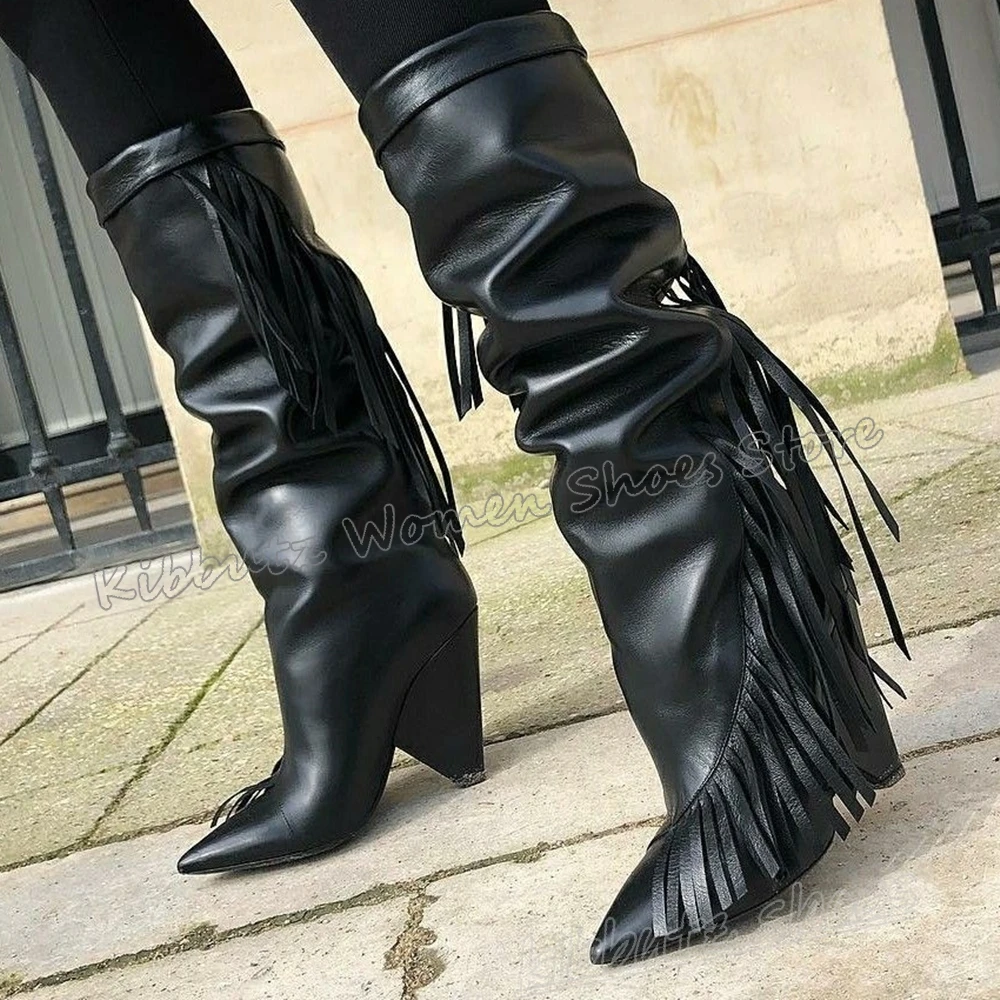 

Fringe Knee High Boot Solid Color Leather Fashion Novelty Luxury Elegant Concise Sexy Slip-On Women Shoes New Pointy Spike Heels