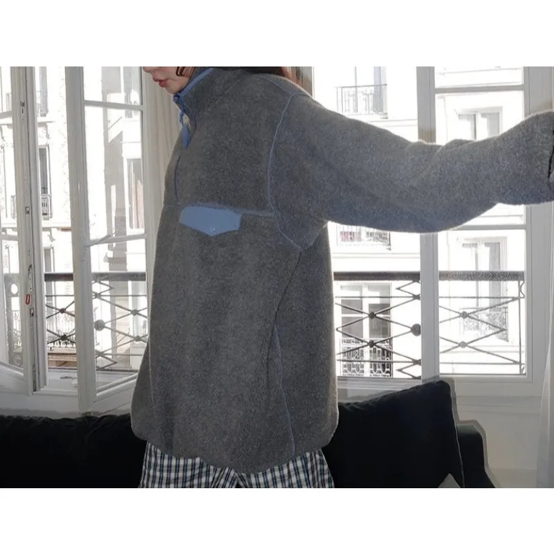 

Polar Fleece Stitching Zipper Stand-up Collar Sweater Lamb Embroidery Loose Long Coat