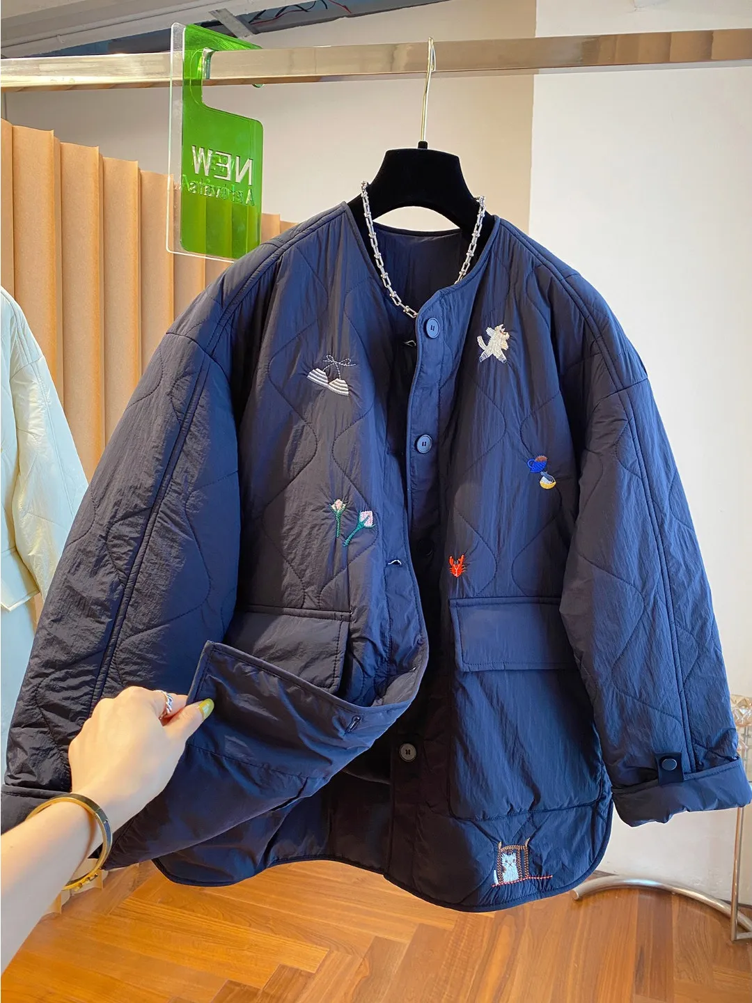 جايت قطني خفيف الوزن مطرز كوري فضفاض مناسب للخريف والشتاء ملابس خارجية أنيقة طويلة Sve مستديرة...