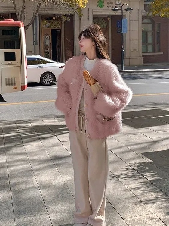 Korean Sle ort Lamb Fur Jaet Women's Thiened Slim Inteated Leather And Fur Winter Outerwear Luxury Sle Polyester ...