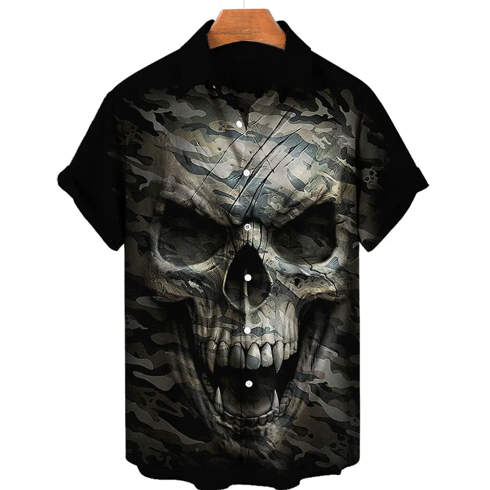 

2024 Summer Hawaiian Turn-down Collar Shirt For Men And Women Short Sleeve Oversized Skull 3D-Printed Breathable 6xl Tops