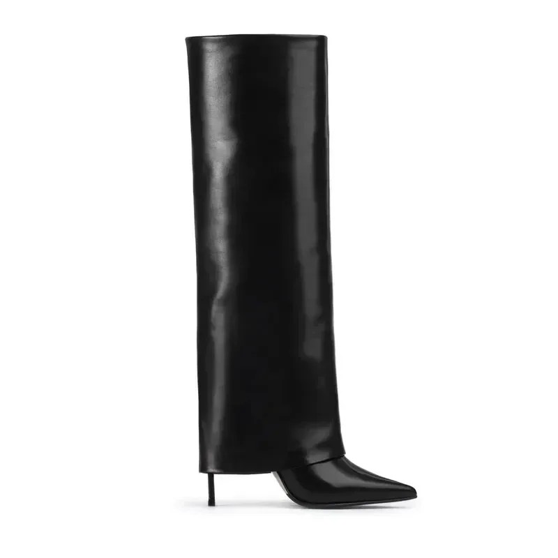 Bottes en cuir au genou pour femmes, bottes mi-longues, jupe à talon aiguille pointu, noir, mode, automne, hiver, nouveau, 2024