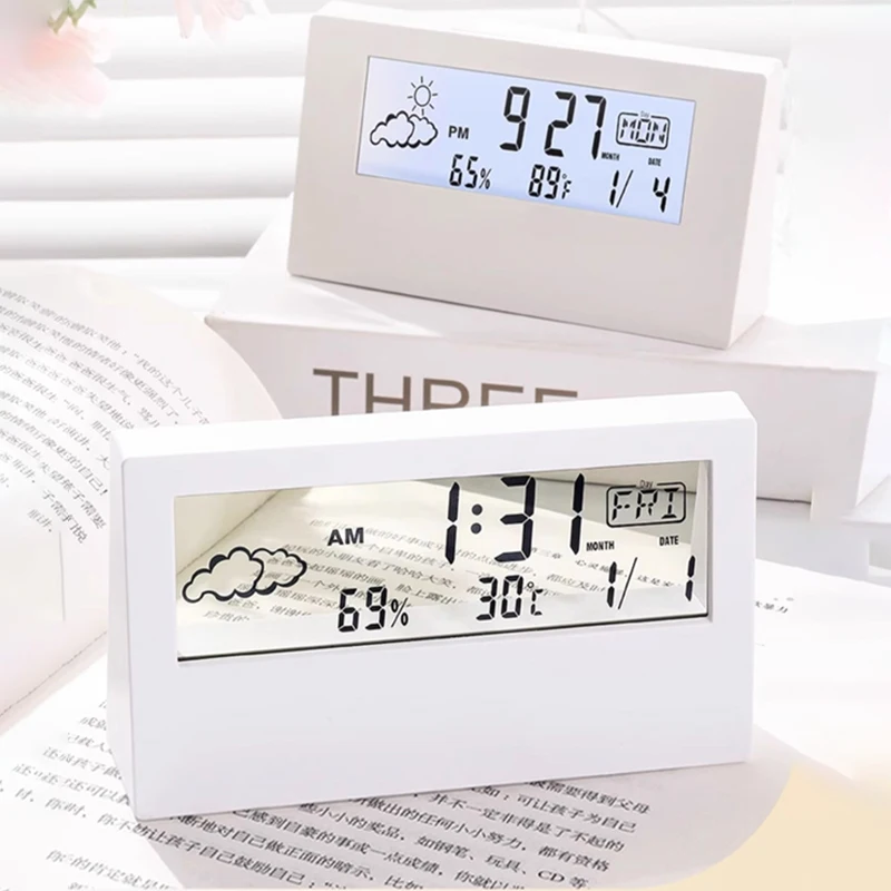 

LED Silent Smart Weather Thermometer Thermo-Hygrometer Multifunction Electronic Clock, Transparent Student Alarm Clock for Home