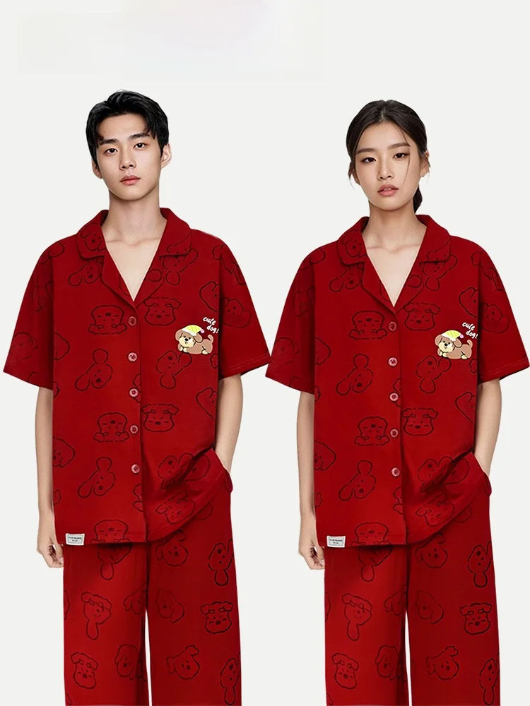 PinkBread Couples Sleepwear Red Pure Cotton Short Sleeve Home Clothes Spring Summer Cartoon Cute Style Loose Fit Home Outfit