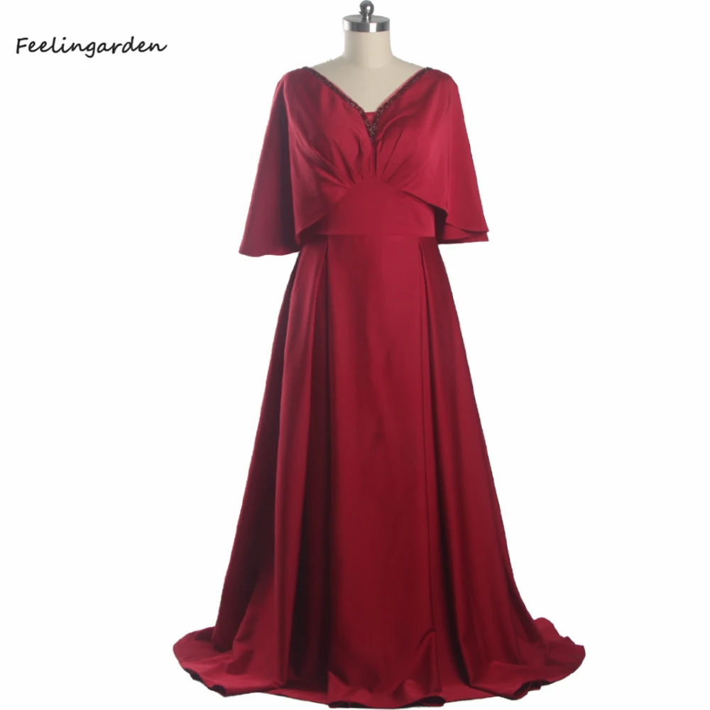 

Evenging Dress Shiny Satin Burgundy V-neck Half Sleeves Pleat A-line Floor Length Lace up Plus size Hot Women Party Dress B1235