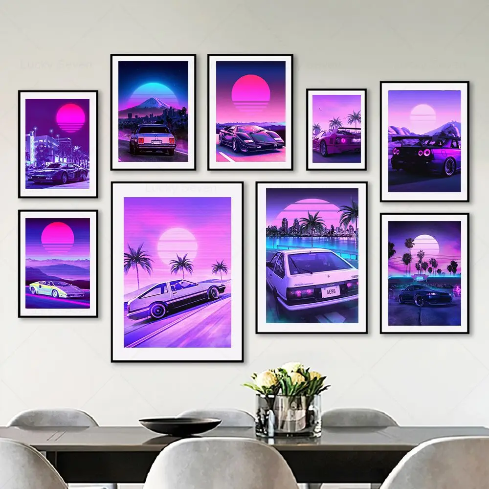 Tokyo Street Racing Neon Nissan GTR Synthwave Poster Vintage Japanese Cars Canvas Painting Decoration Room Wall Art Home Decor