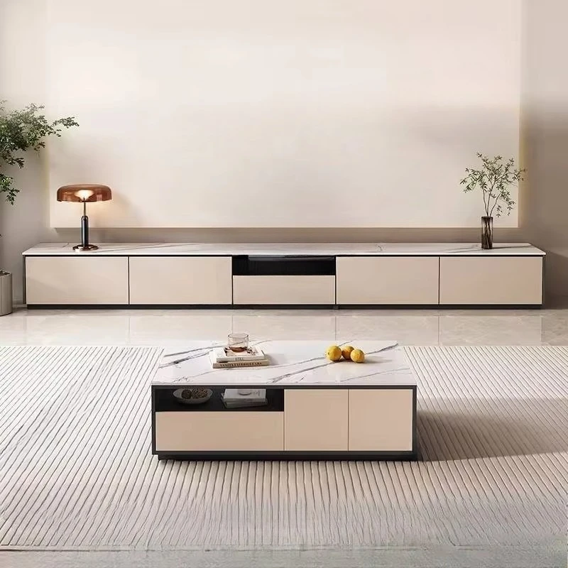 Rock slab laser floor TV cabinet coffee table light luxury modern simple special telescopic table low cabinet