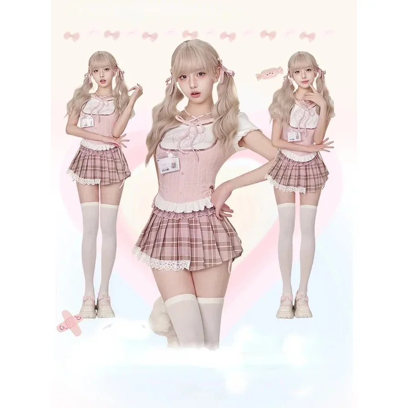 

2025 Summer Sweet Ctue 2 Piece Skirt Set Women Causal Kawaii Tops Elegant Slim Lace Mini Skirt Korean Fashion Skirt Suits New