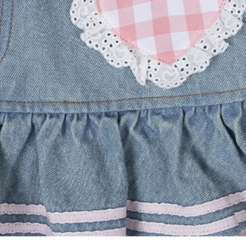 Japanese Lolita Girl Denim Shorts Female High Waist Fungus Patchwork A- Line Lace Love Applique Shorts Jeans Hot Pants Summer