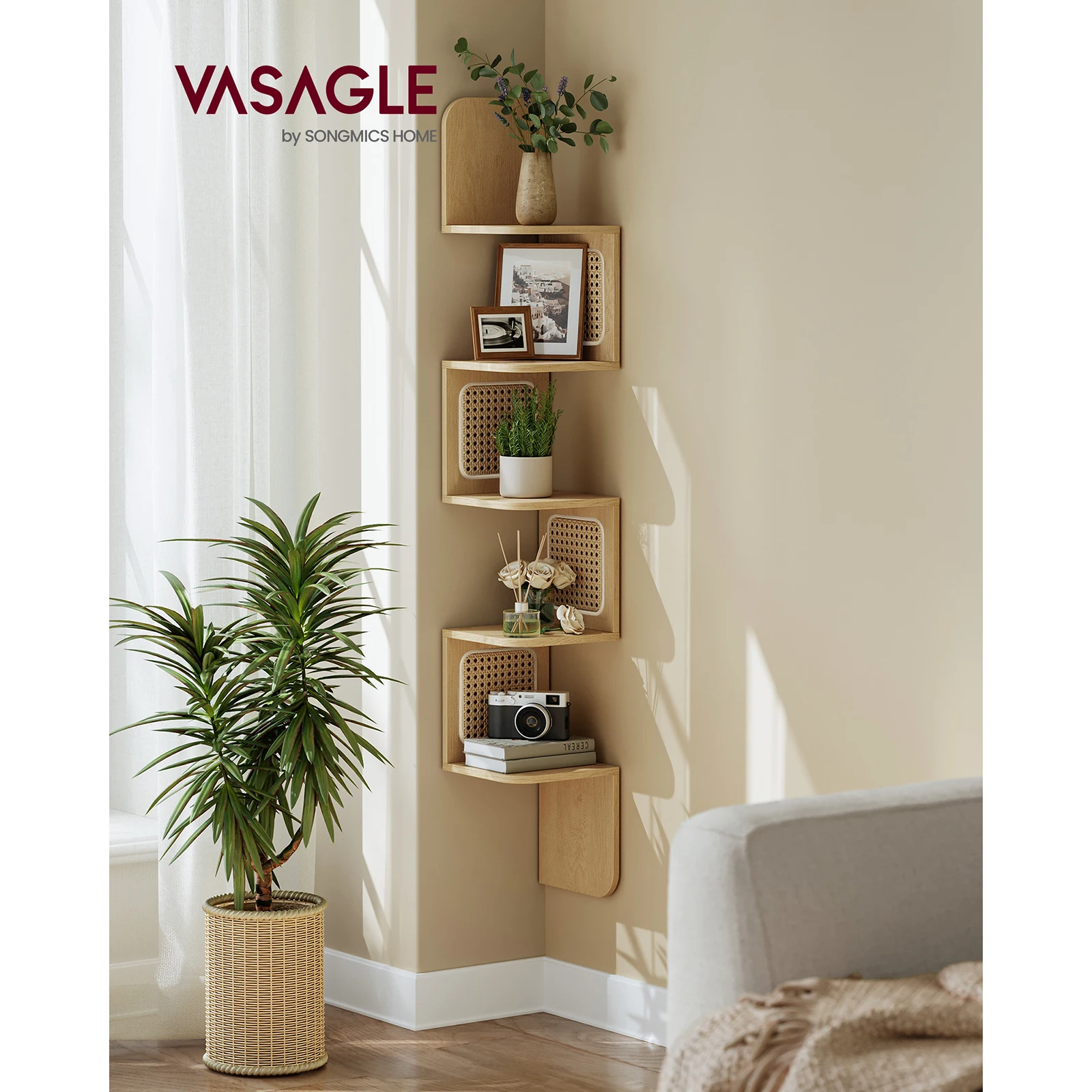 VASAGLE 5-Tier Corner Floating Wall Shelf. Zigzag Unit with PVC Rattan Sides. Space-Saving. For Kitchen, Bedroom, Living Room.