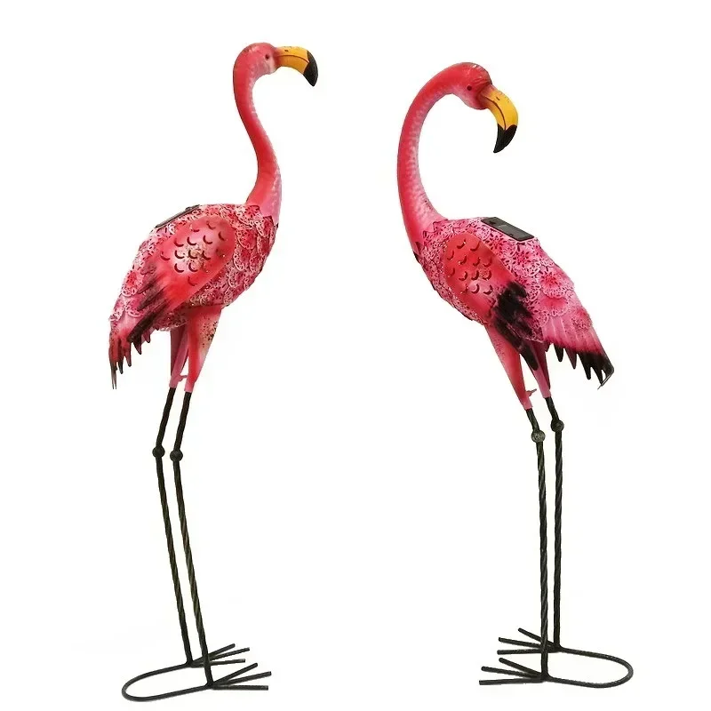 Outdoor wrought iron animal ornament garden grass floor decoration solar light luminous flamingo