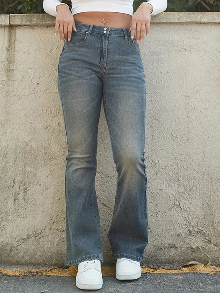 

2025 Women Stretchy Low Rise Jeans Female Retro Blue Skinny Denim Pants Lady Slim Fit Bell Bottoms Classic Y2k Flared Trousers
