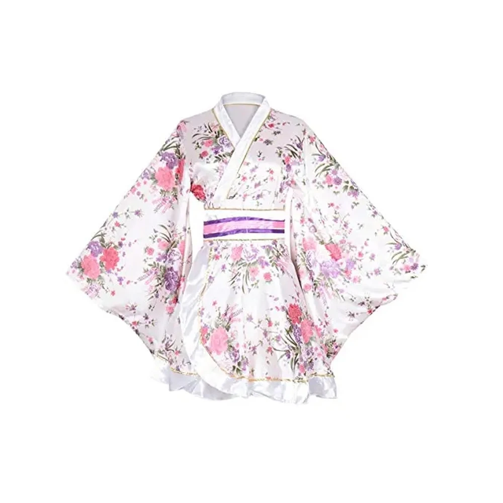 Women's Kimono Costume Adult Japanese Geisha Yukata Sweet Floral Patten Gown Blossom Satin Bathrobe Sleepwear with OBI Belt