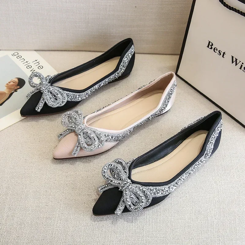 Ballet Flats Shoes for Women Fashion Rhinestones Bow Flat Footware Female Plus Size Moccasin Boat Shoes Chaussure Femme 2024