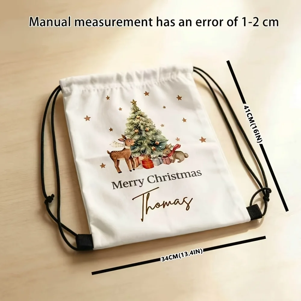 Personalized Custom Name Christmas Drawstring Bag, Xmas Tree Deer Rabbit Sack Backpack for Holiday Gift Present Storage
