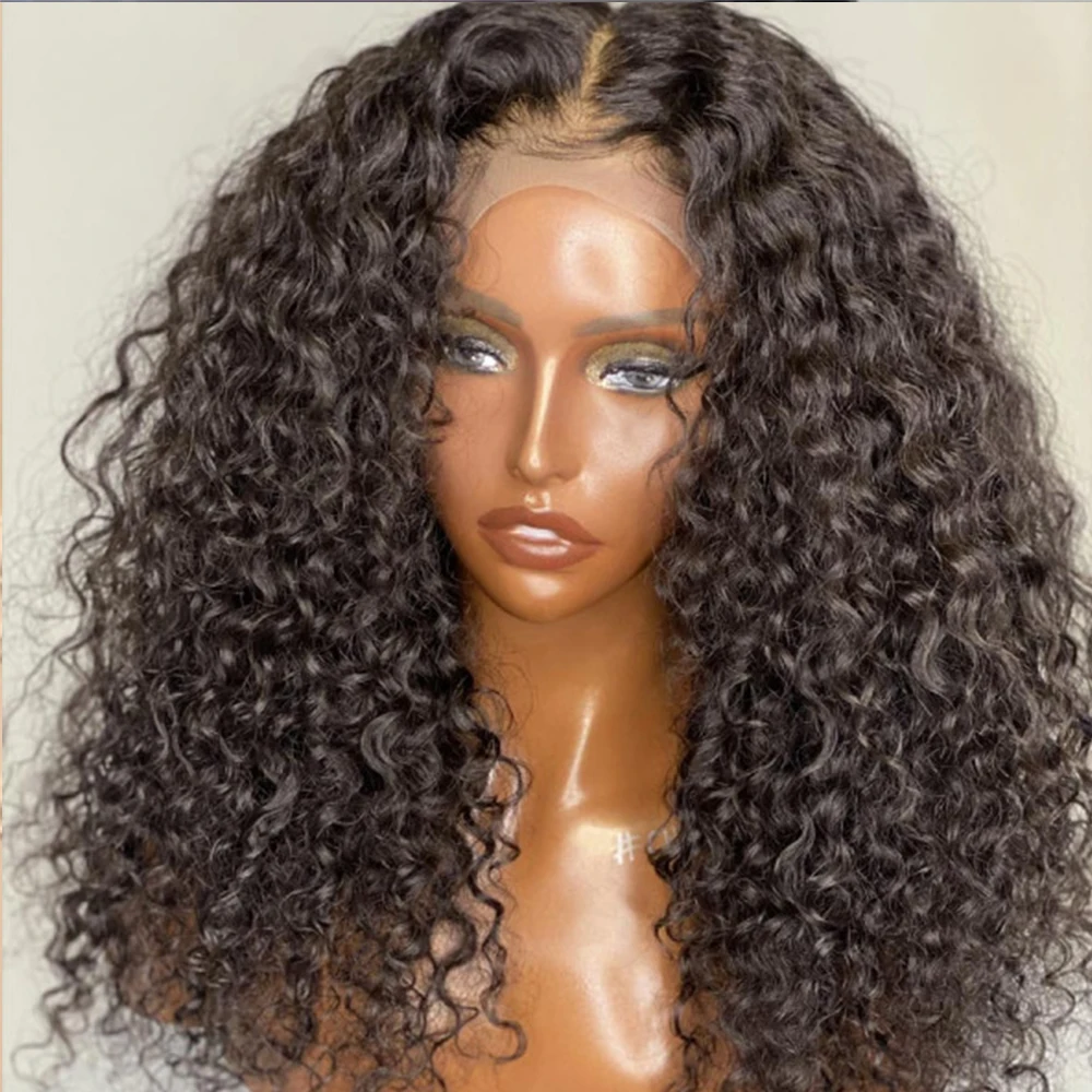 26Inch Natural Black Soft 180Density Long Kinky Curly Lace Front Wig For Women BabyHair Heat Resistant Glueless Preplucked Daily