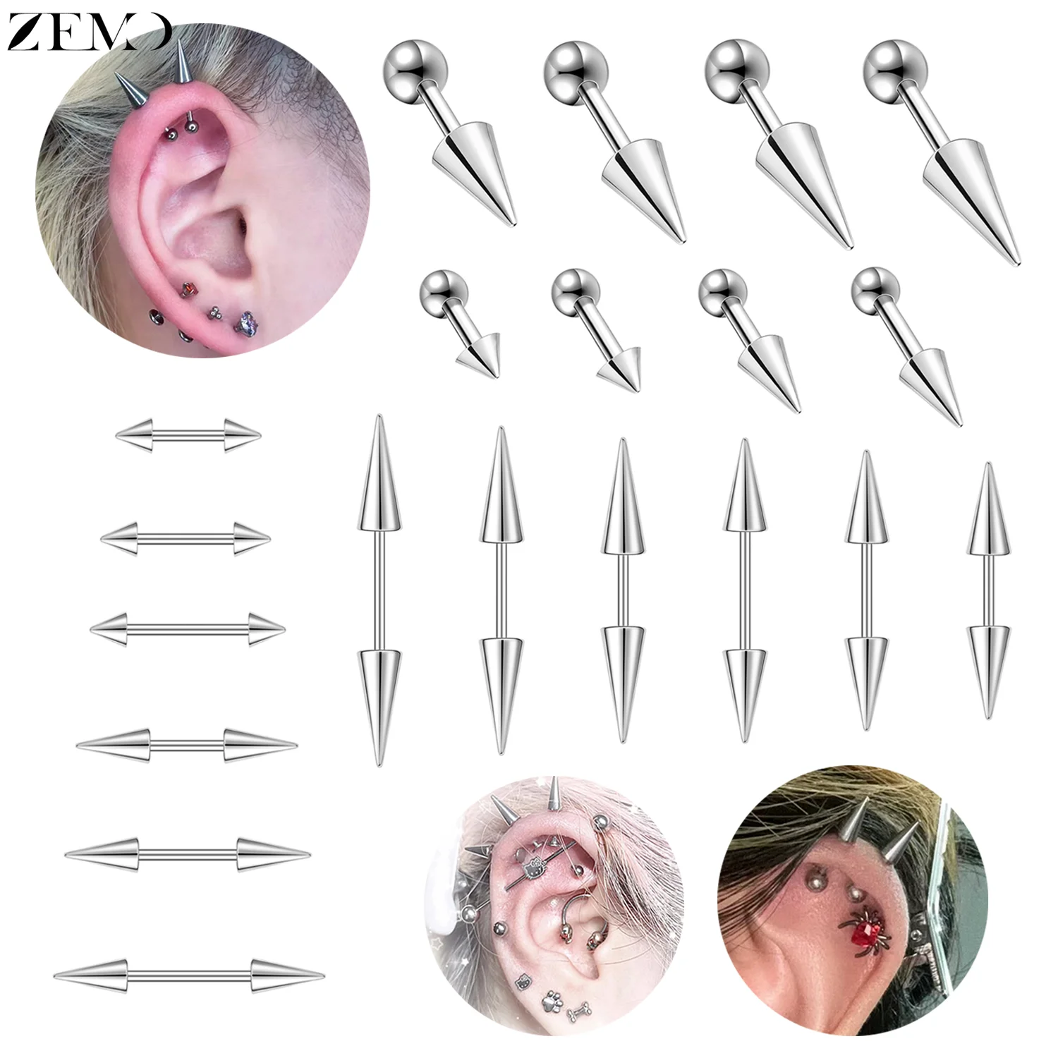 Zemo 1 pc 16g/18 גרם אור נירוסטה אוזניים בסגנון פאנק ספייק עגילים צבע כסף conch סליל פירסינג תכשיטים