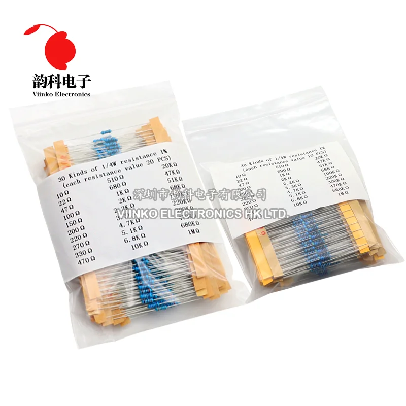 600pcs/set 300pcs/set 30 Kinds 1/4W Resistance 1% Metal Film Resistor Pack Assorted Kit 1K 10K 100K 220 ohm 1M Resistors