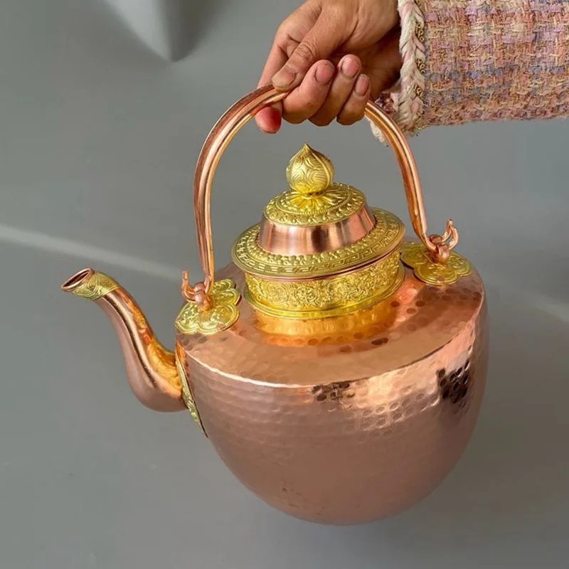 Hammered Red Copper Teapot With Gilt‑Decorated Lid Handcrafted Large Capacity Copper Kettle For Boiling Water Tea Ceremony