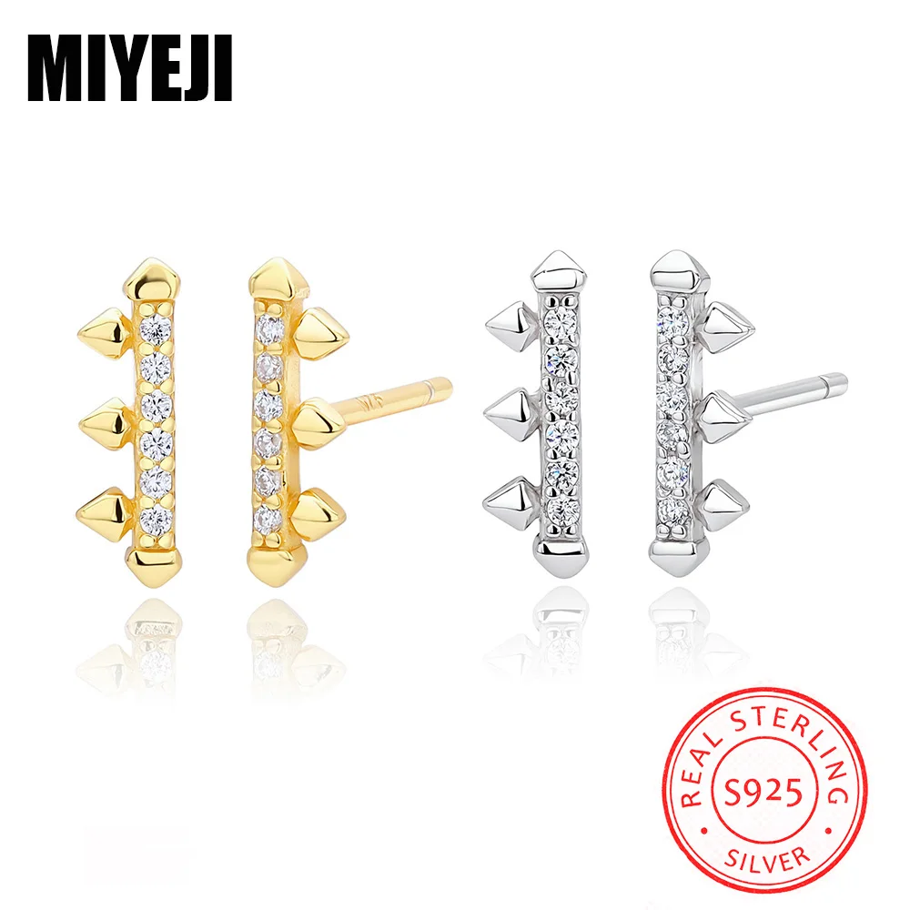 MIYEJI Real 925 Sterling Silver Stick Zircon Embedded Rivet Stud Earrings For Women Versatile Classic Fine Jewelry Accessible