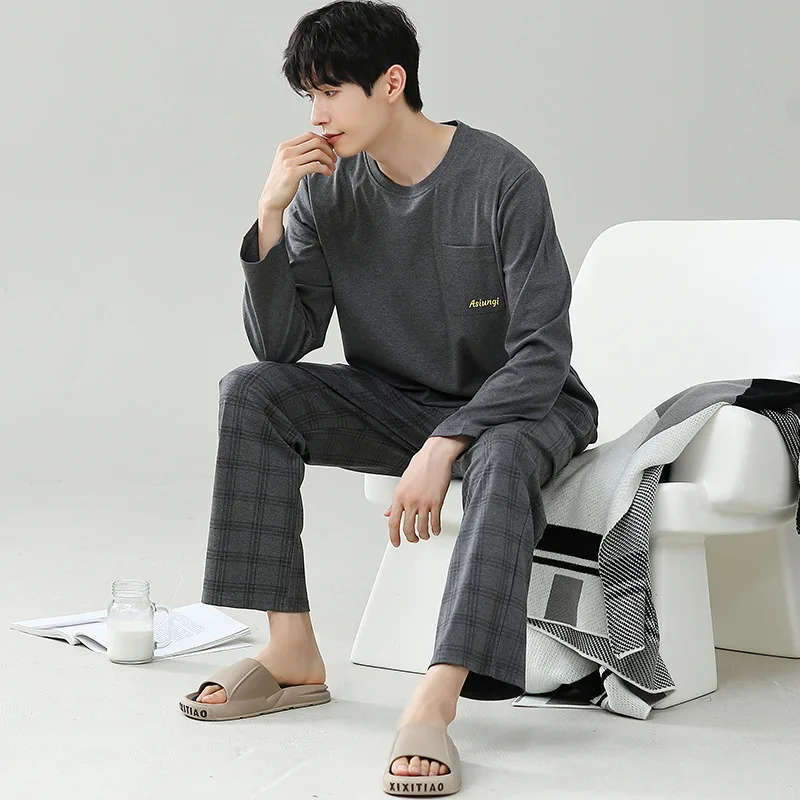 2023 Newest Spring L-5XL Modal Pajamas Set Men Long Sleeve Sleepwear Tops+Long Pants 2Pcs Set Pyjamas Korean  Home Clothes