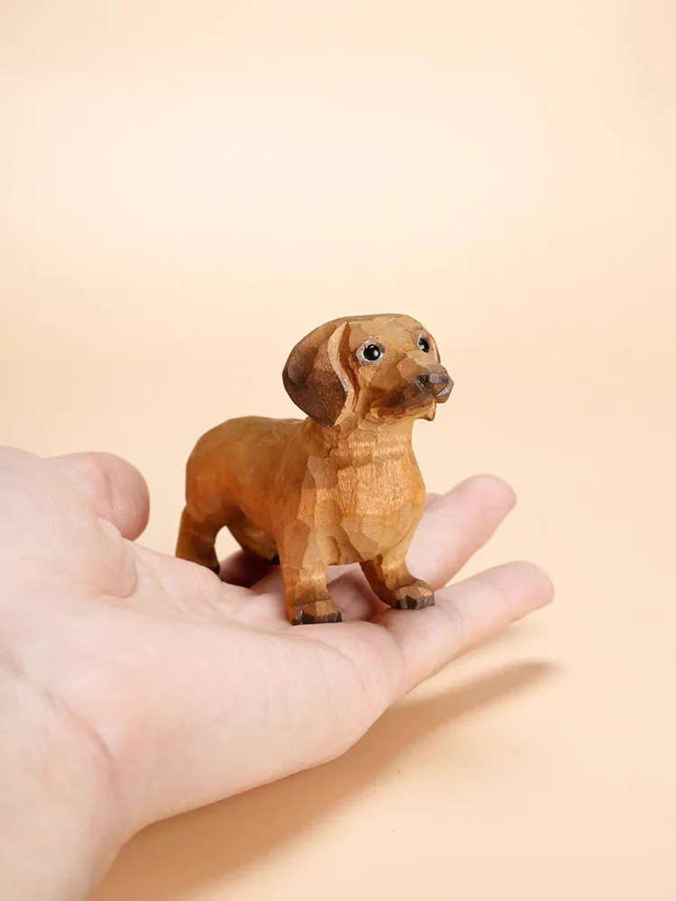 Handmade wood carving puppy ornaments desktop decoration solid wood dachshund crafts