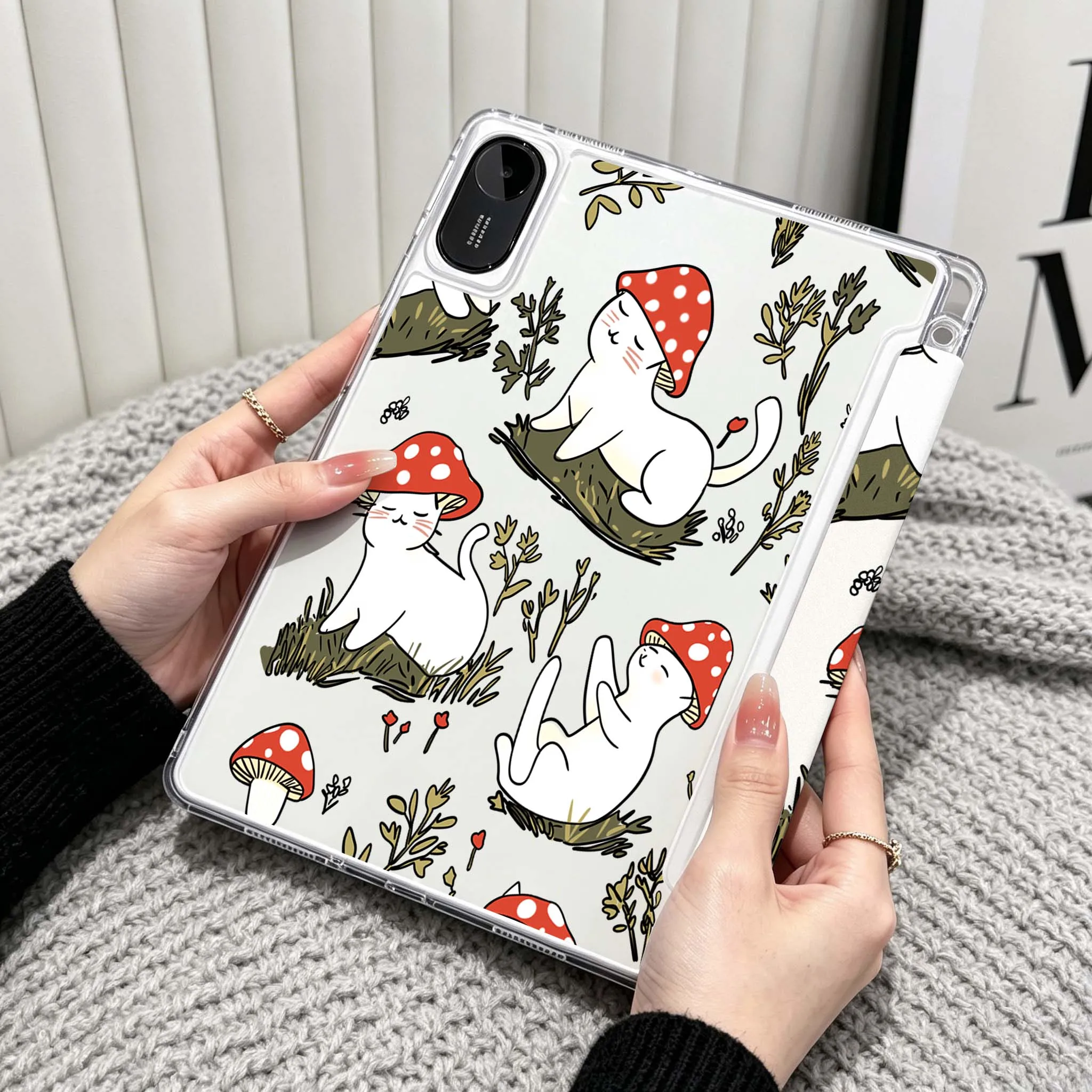 Cartoon Cat Fish Bone For Xiaomi Redmi Poco Pad 5 6 7 8 Pro SE 11 11.2 12.1 Inch Transparent Y-Shaped Folding Tablet Case
