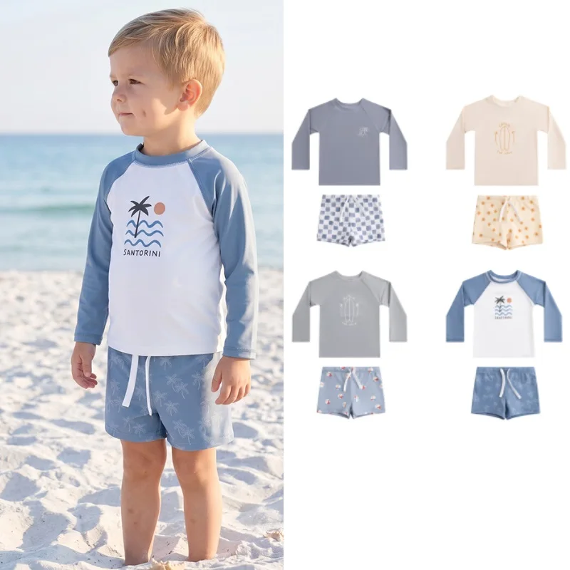 Children's Swimsuit 2026 Summer New Blue Cartoon Long Sleeved Sunscreen Boys' Swimsuit Quick Drying Cute Split Baby Beach Wear