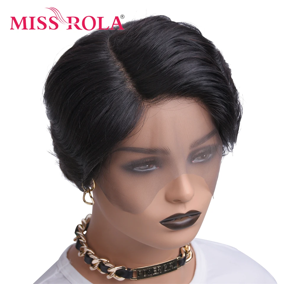 Miss Rola Brazilian Straight Pixie Cut Wigs 13X1 Lace Part Human Hair Wigs Remy Side Part Hair Wig Pre Plucked 180% Density
