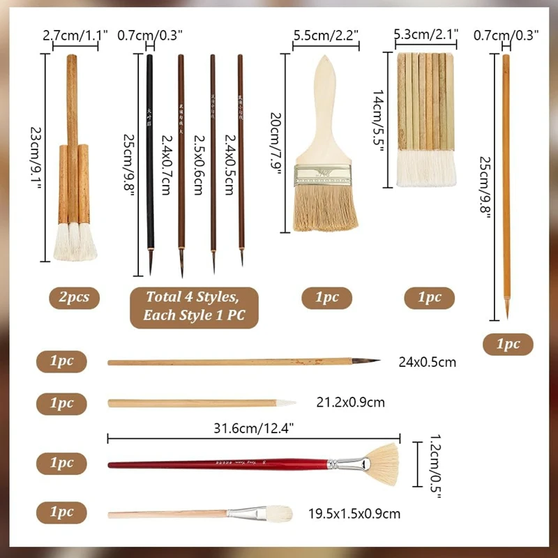 12Pcs Pottery Glaze Brushes Wooden Watercolor Wool Hair Sector Painting Brushes For Drawing Artists Painting Calligraphy