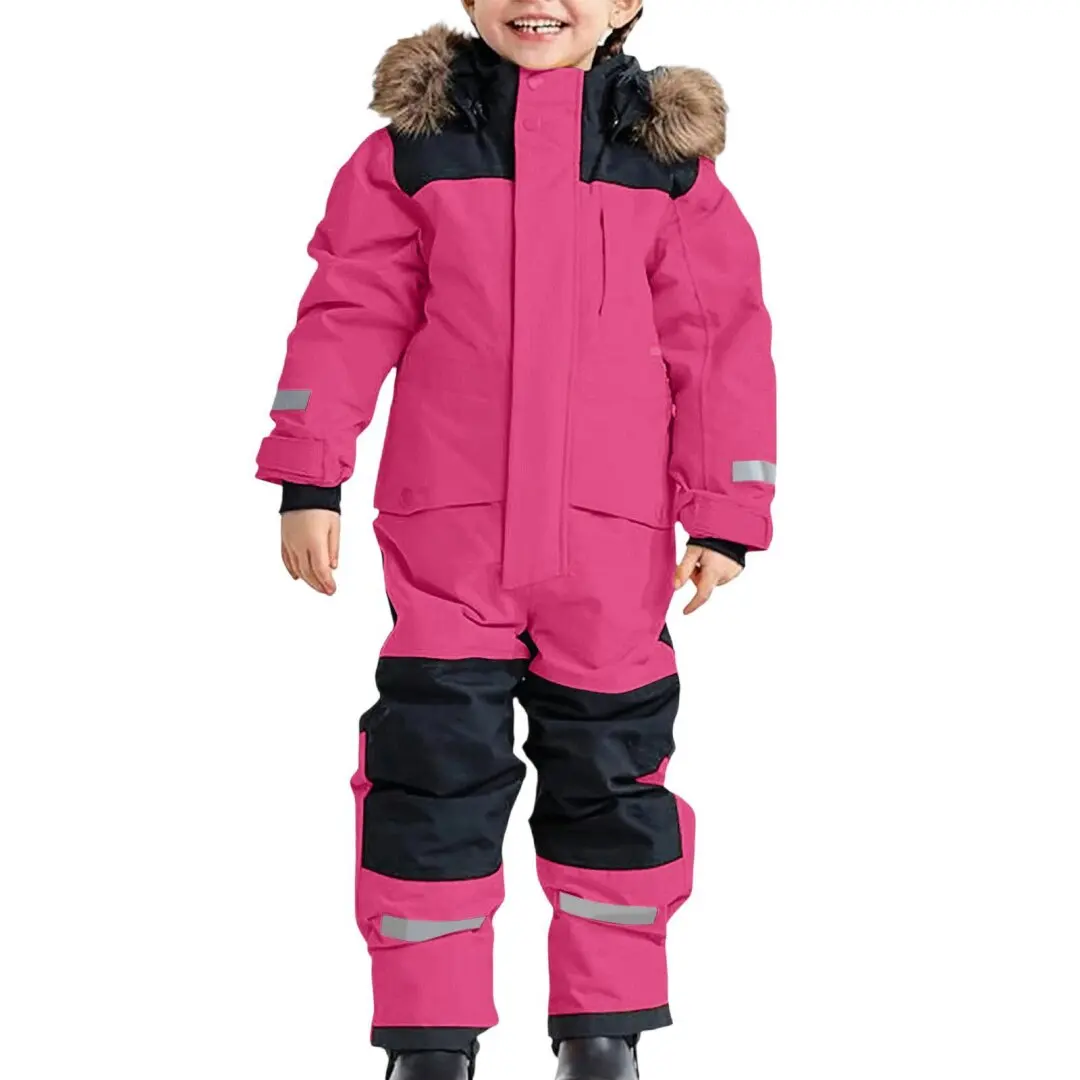 Kids One Piece Ski Suit Waterproof Windproof Snowsuit Tear-Resistant Warm Coral Fleece Lining